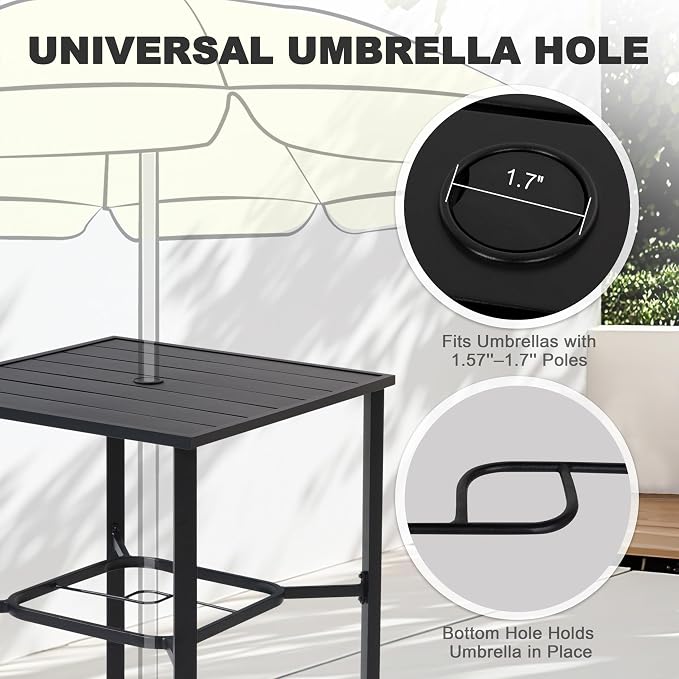 NUU GARDEN Outdoor Bar Set 3 Piece, Patio Square Tempered Glass Table with Textilene Swivel Bar Stools High Backrest, Outdoor Furniture for Garden Backyard, Brown Black
