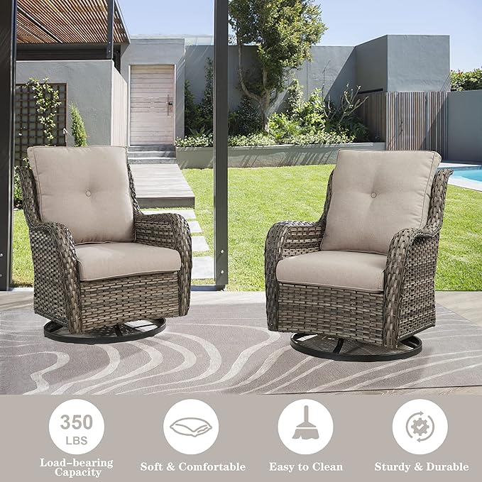 Belord Wicker Chairs 4 PC Outdoor Swivel Rocker Set, Patio Swivel Glider Chairs Set of 4, Grey Wicker Outdoor Furniture with Beige Cushions for Patio Porch Deck Sunroom