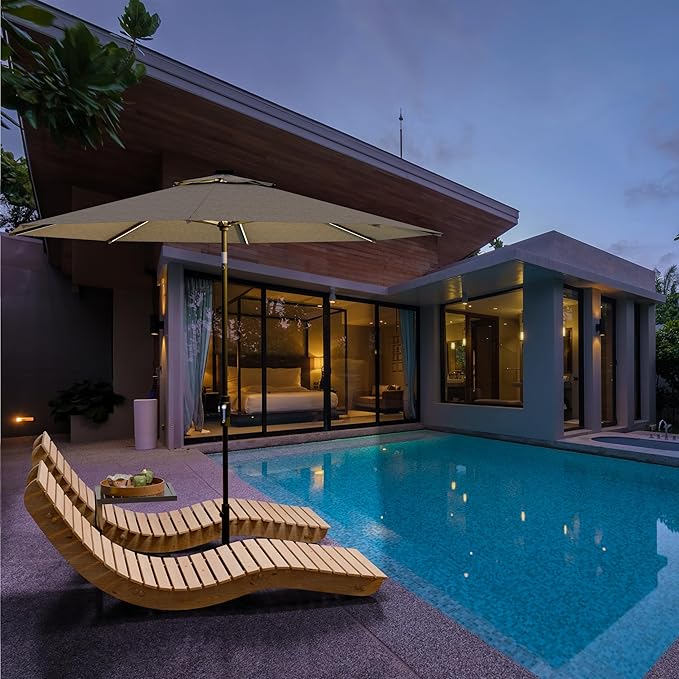 Midtown Umbrellas The LED Swilt 10 Feet Patio Umbrella With Terylast Greige Polyester Fabric - Auto-Tilt Aluminum Frame With LED Lights For Backyard, Deck, Garden, Pool - Black Pole