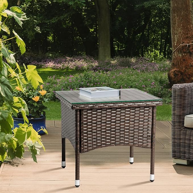 20" Square Patio Side Table,Small Outdoor Wicker End Tables,All-Weather Rattan Coffee Table,Bistro Dining Tables,with Glass Tabletop,for Lawn Garden Backyard Deck Porch Poolside Balcony (Brown)