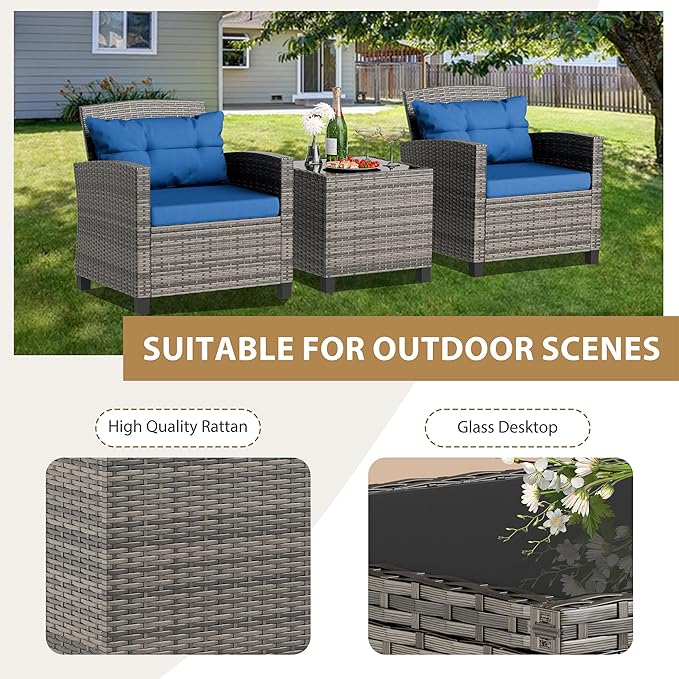 JAMFLY 3 Piece Wicker Patio Furniture Set - Space Saving Outdoor Rattan Conversation Set with Soft Cushions & Glass Coffee Table for Balcony, Porch, Small Backyard - All Weather Blue Bistro Set
