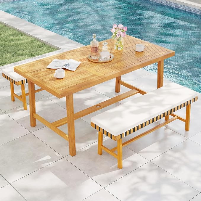 Tangkula 63-Inch Acacia Wood Patio Dining Table for 6, Heavy-Duty Indoor Outdoor Rectangular Table with 1.97" Umbrella Hole, Large Farmhouse Outside Dining Table for for Backyard, Garden, Porch, Deck