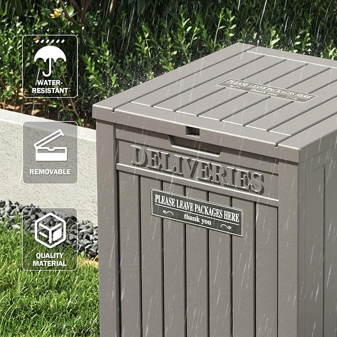 Package Delivery Box for Outside With Sign, Lockable Outdoor Storage Box Waterproof Deck Box, Large Double Wall Resin Parcel Drop Boxes, 48 Gallon, Gray