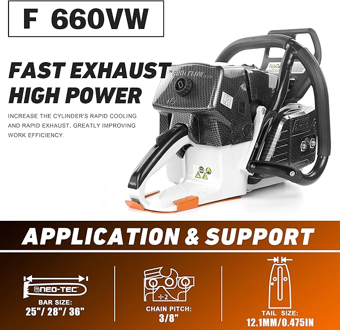 F660VW 92cc Gas Chainsaw, 24/25 Inch Alloy Bar & Chain, Professional Chain Saw for Tree Felling, 5.2KW 6.4HP 2-Cycle Gasoline Chainsaw,Wood Cutting, Milling – Compatible with MS660 G660 Parts