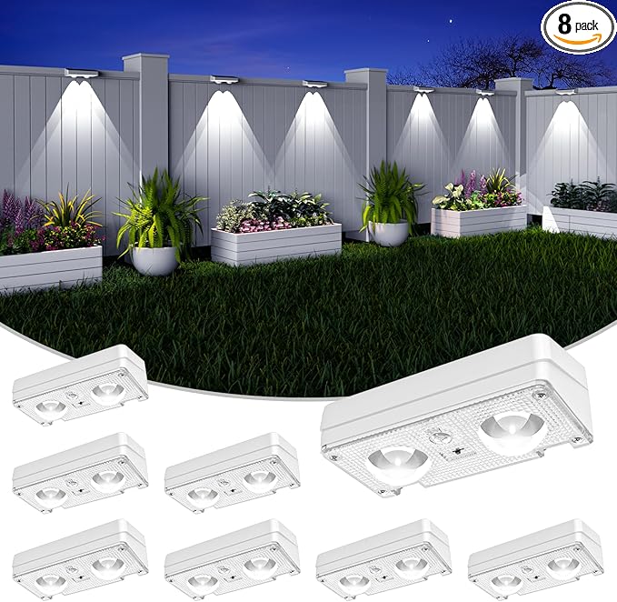 JOFIOS Solar Fence Lights Outdoor Waterproof, 80 Lumens Solar Lights for Fence with Warm White & RGB 8 Colors,Outdoor Solar Light for Deck, Patio, Backyard, Fence, Railing (8-Pack-White)