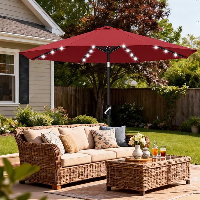 ABCCANOPY Durable Solar Led Patio Umbrellas with 32LED Lights 9FT (Burgundy)
