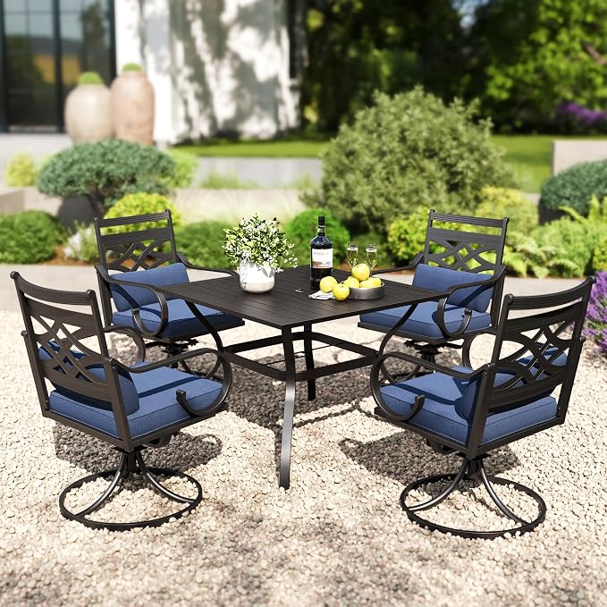 PHI VILLA Patio Dining Set, Swivel Chairs, 37" Square Metal Table | Metal chairs, Blue, Umbrella Hole, Cushions, E-coated