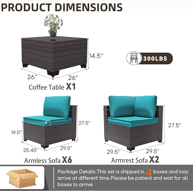Patio Furniture Set 9 Pieces Outdoor Sectional Sofa Set,All Weather Wicker Patio Sofa PE Rattan Patio Conversation Set w/Cushions and Glass Coffee Table,Blue
