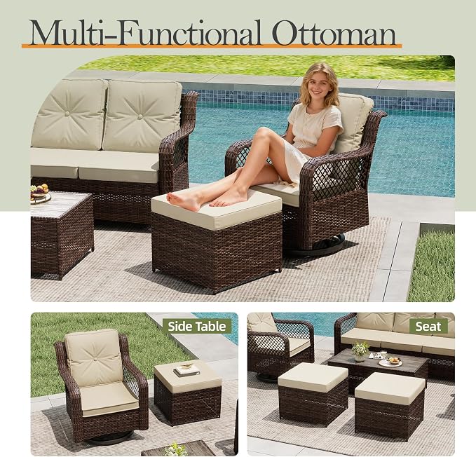 Outdoor Patio Furniture Set with Swivel Chairs and Ottoman, 6 Pieces All-Weather Wicker Patio Conversation Sets with Sofa and Coffee Table for Backyard, Porch, Balcony, Beige