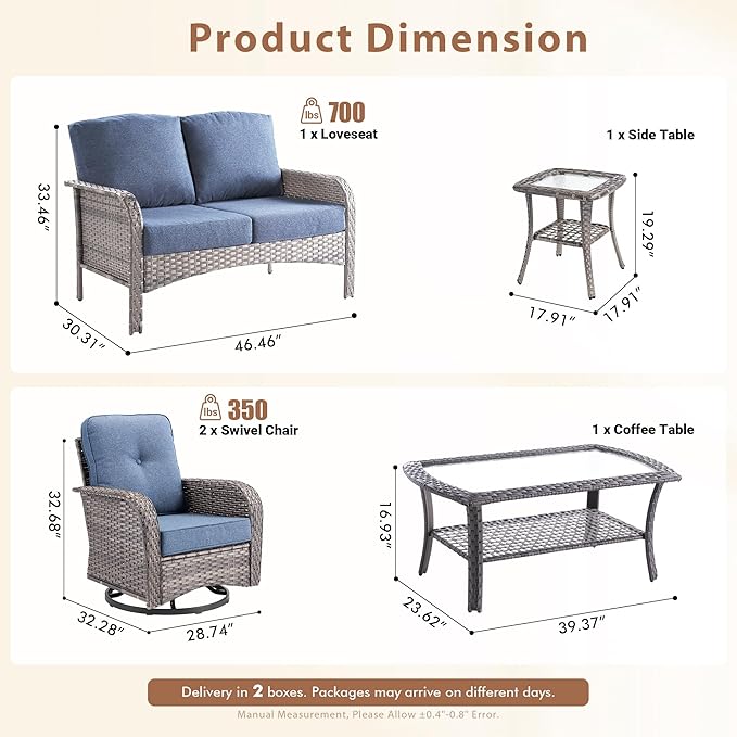 5 Pieces Outdoor Patio Furniture Set with Coffee Table, All Weather Wicker Patio Conversation Sets with Rocking Chairs, Balcony Furniture Sets for Backyard, Garden, Poolside, Denim Blue