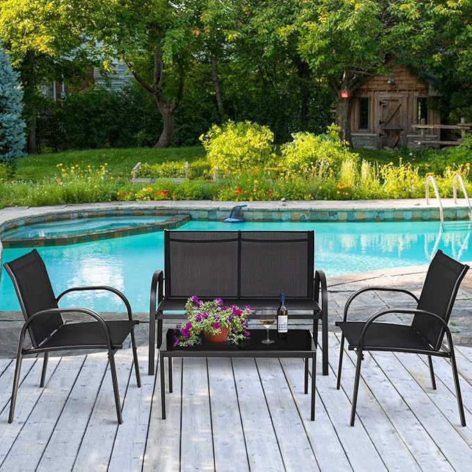 Tangkula 4 Pieces Patio Furniture Set, Metal Frame Heavy Duty Outdoor Conversation Set, Includes Glass Top Coffee Table, 2 Armrest Chairs and Loveseat, Suitable for Lawn Garden Porch Balcony Backyard