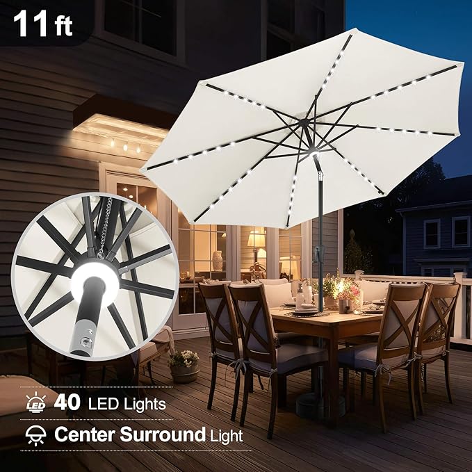 FLAME&SHADE 11 FT Solar Light Patio Umbrella, 40 LED lights outdoor umbrella with Centre Surround Light, Table Market Umbrella for Deck, Pool, Porch, Backyard, Garden, UV Protection, Ivory