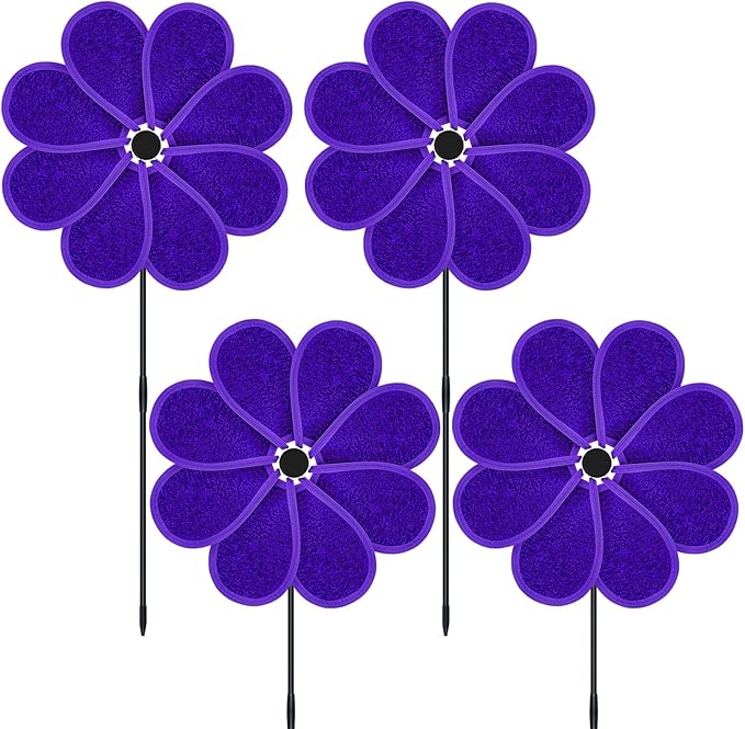 4PCS 11.4" W x 28" H Reflective Pinwheels Sparkly Lawn Wind Spinners Colorful Rainbow Windmill for Garden Decoration Bird Devices Deterrent to Scare Birds Away（Purple）