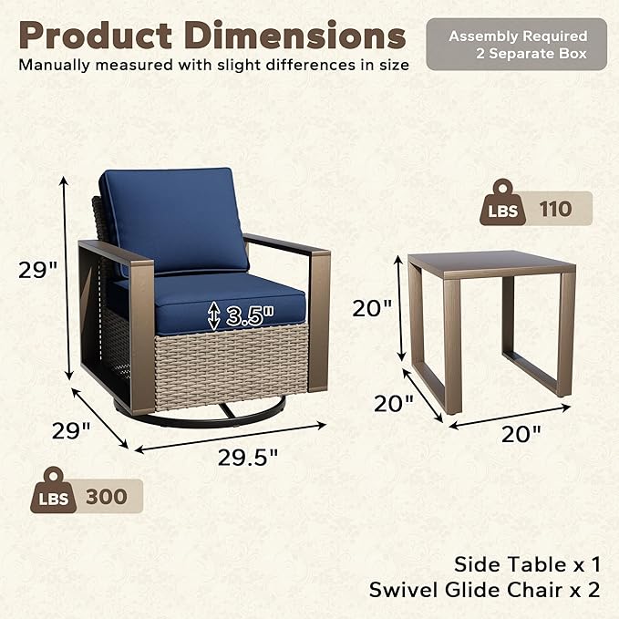 Outdoor Swivel Rocker Metal Chairs Set of 2 with Small Coffee Table - 3 Pieces Patio Bistro Set with Rectangular Framed Wood-Looking Metal Armrest, 360 Degree Glider Chairs, Dark Blue