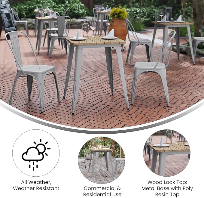 Flash Furniture Declan Commercial Outdoor Dining Table, All Weather Poly Resin Top with Steel Base, 23.75" Square, Brown/Silver