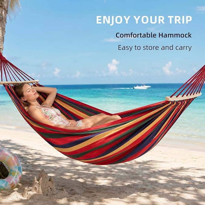Double Hammock,2 Person Portable Camping Hammock Bed with Anti Roll Balance Beam & Tree Straps,550lbs Capacity for Porch Garden Patio Backyard Indoor Outdoor Red