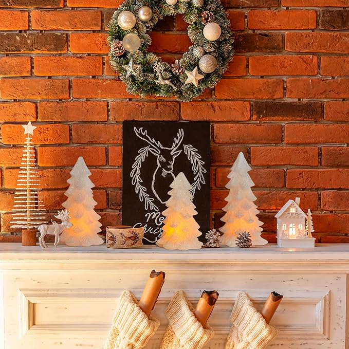 White Glittering Christmas Tree Shaped Flameless Candles with Timer, Real Wax Flickering Battery Operated LED Candles for Christmas Home Party Decoration Set of 3