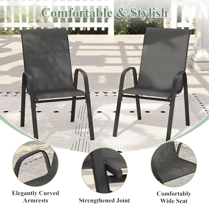 5 Pieces Outdoor Dining Set, 40.6" Round Table with Umbrella Hole & Stackable Patio Dining Chairs, Patio Table and Chairs Set for Deck Garden Porch, Black Chairs & Black Table