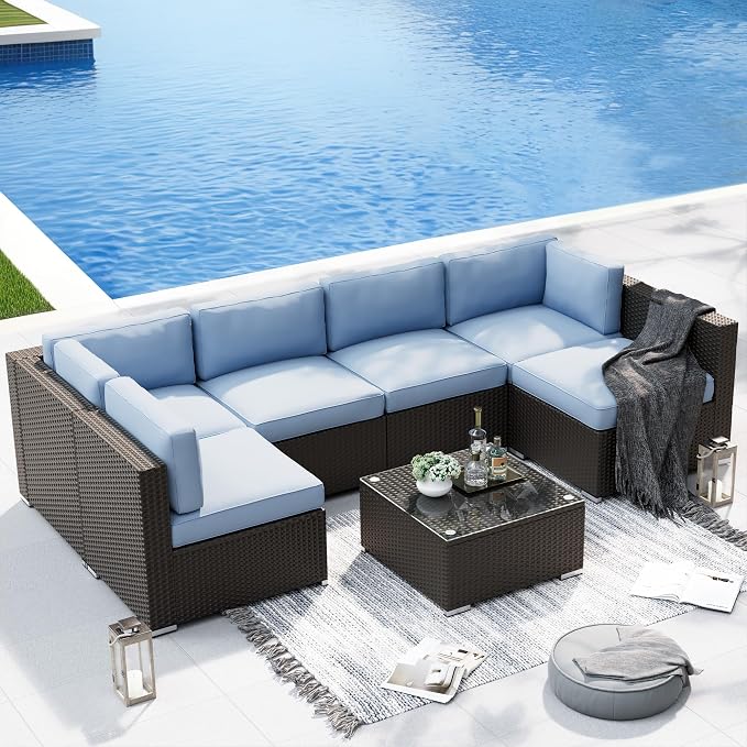 Betterland 7 Piece Outdoor Sectional Sofa Patio Furniture Set, All-Weather PE Rattan Wicker Patio Conversation Set with Washable Cushion and Glass Table(Haze Blue)