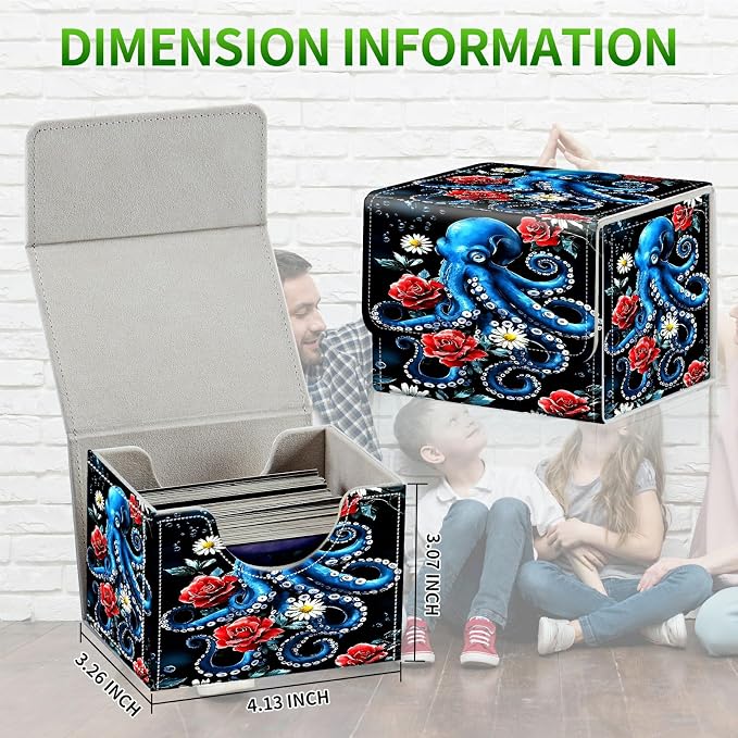Card Deck Box for MTG, Cards Storage Box Fits 120+ Sleeved, Leather Small Size Strong Magnetic Closing Card Case for Board Games Magic TCG CCG Baseball Collection, Rose Octopus