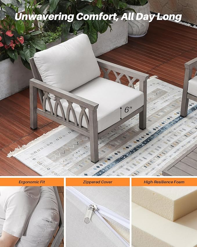 5-Piece Aluminum Outdoor Patio Conversation Set, Outdoor Furniture Sofa Couch Set with Washable Cushions, Rustproof Outdoor Sofa Set Patio Furniture Set for Deck, Poolside, Limed Oak