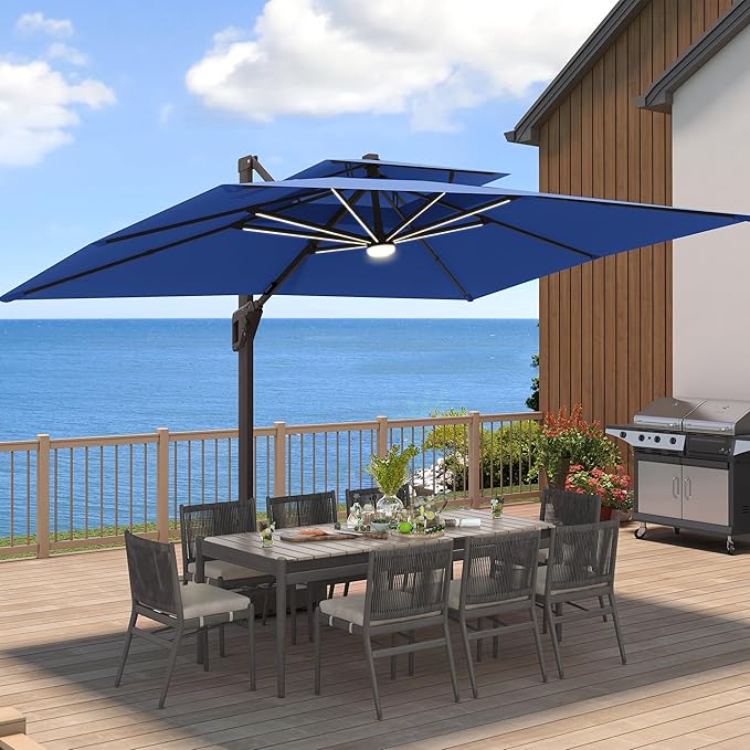 9 X 12 FT Cantilever Patio Umbrella with Led Lights and Base Included Heavy Duty Outdoor Double Top Large Rectangle Offset Umbrellas with 360-degree Rotation for Garden Pool Deck Backyard, Navy