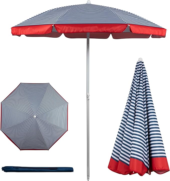 PICNIC TIME 5.5 Ft Portable Beach Umbrella, Lightweight UV Protection Sunshade with Tilt Pole & Carry Bag, Outdoor Canopy Umbrella for Beach, Sand, Pool, Patio, Camping, Travel, or Backyard Shade, (Blue Pinstripe Pattern)