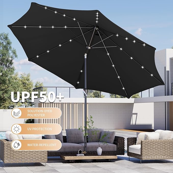 Kingdura 10FT Outdoor Patio Umbrella with Solar Lights, Market Table Umbrella with Push Button Tilt & Crank, 8 Sturdy Ribs, 32 LED Lights, UV Protection for Garden Lawn Deck Backyard Pool (Black)