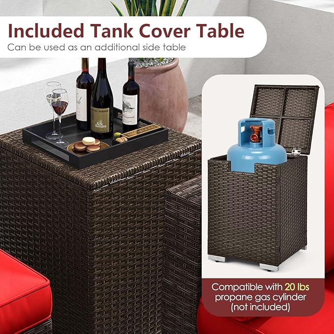 Tangkula 7 Pieces Outdoor Sectional Sofa Set Set with 32” Fire Pit Table and Propane Tank Cover, for Deck, Garden and Backyard, Fire Pit Protective Cover Included (Red)