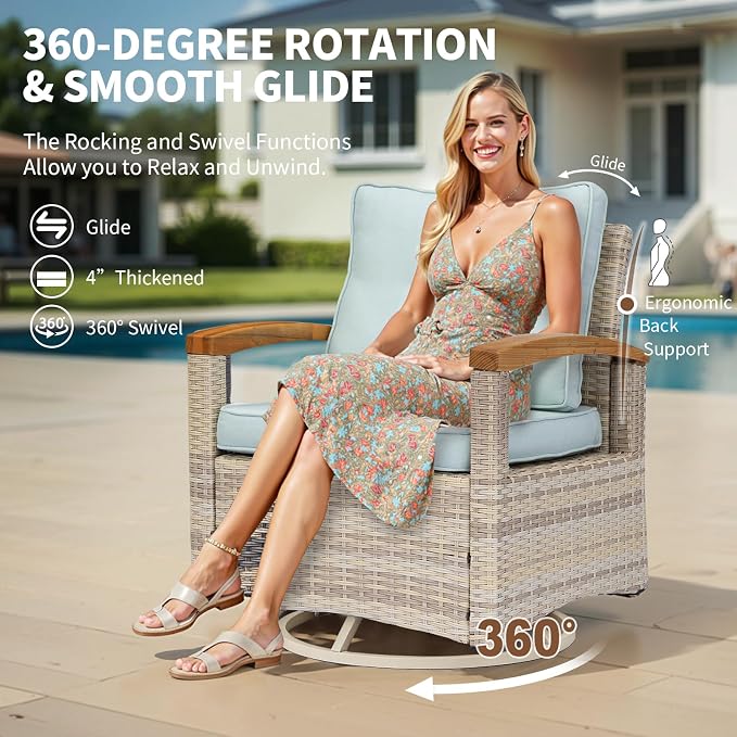 MEISSALIVVE 8 Pieces Patio Furniture Sets,Wicker Patio Conversation Sets with 2 Wood Armrests Swivel Glide Chairs, Outdoor Couch, Loveseat for Deck Yard and Poolside (Blue)