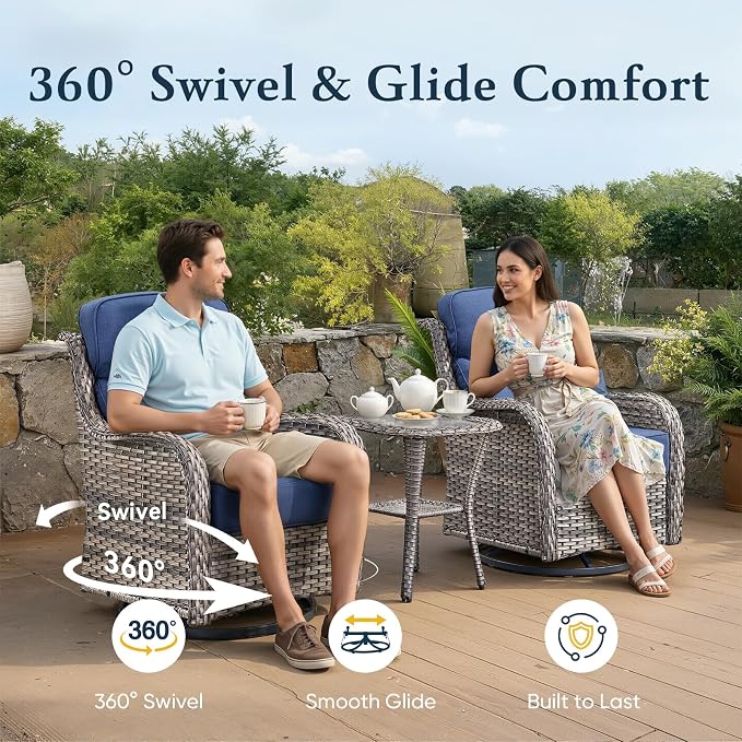 Belord Luxury 6" Thick Cushioned 8 Pieces Patio Furniture Set with Outdoor Couch, Wicker Outdoor Conversation Set with High Back Swivel Rocker Chairs for Deck Porch Yard and Poolside - Grey+Blue