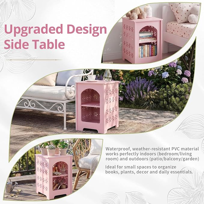 Outvita Side Table for Indoor & Outdoor, Square Modern Side Table with Storage Layer, Night Stand, Bedside Table, Tooless Assembly for Patio, Living Room, Bedroom