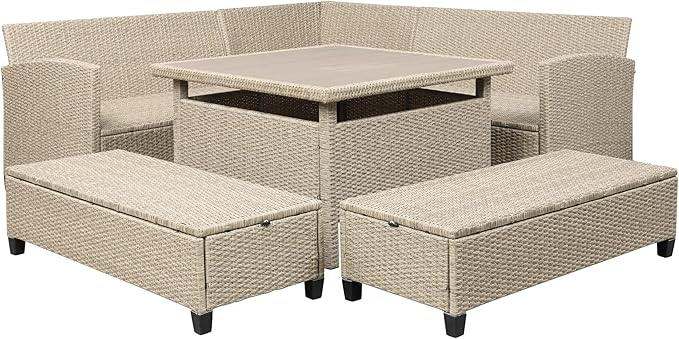 LUMISOL 6 Pieces Outdoor Patio Furniture Set, PE Rattan Wicker Sofa Set, Outdoor Sectional Sofa Set, Wicker Patio Conversation Set with Table and Benches for Lawn, Garden, Backyard (Brown)
