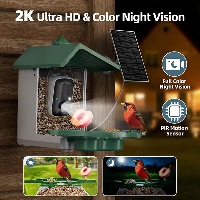 Smart Bird Feeder with Camera - 2K Bird Camera for Outdoors Solar Powered, Birdhouse with Al Identify Species, Instant Alert, Auto Capture, IP65 Waterproof, Ideal Gift for Dad Mom BirdLovers, Green