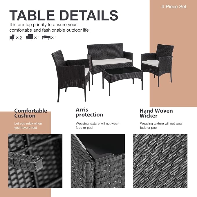 Shintenchi 4 Piece Patio Furniture Sets, Outdoor Small Patio Table and Chairs Set, Rattan Patio Conversation Set, Balcony Porch Furniture with Tempered Glass Coffee Table for Outside, Black