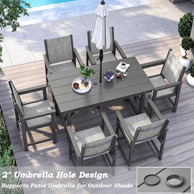 7 Piece HDPE Patio Dining Set, All-Weather Outdoor Table and Chair Sets with Umbrella Hole Outdoor Dining Table Sets of 6 Textilene Fabric Patio Chairs for Backyard, Poolside, Garden, Deck(Gray)