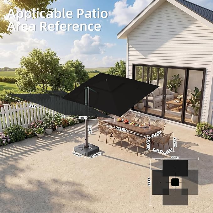 10' X 13' Patio Umbrella with Weighted Base and LED Lights Outdoor Cantilever Large Rectangle Offset Umbrellas Heavy Duty Aluminum Double Top with 360-degree Rotation for Pool Garden Deck, Black
