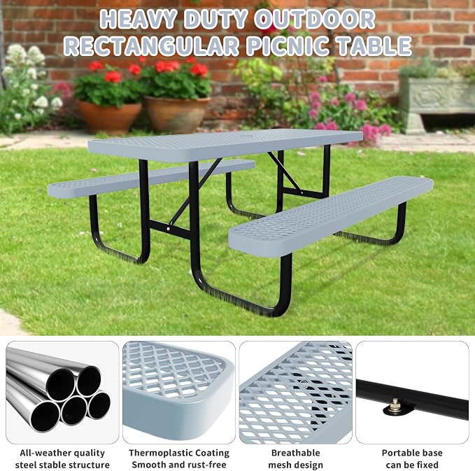 4 FT Metal Picnic Tables for Outdoors, Industrial Expanded Metal Patio Dining Table with Benches & Umbrella Hole, Outside Table Rectangular Table Furniture Set for Garden, Lawn, Parks