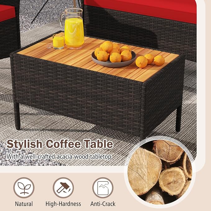 Tangkula 8 Pieces Patio Wicker Sofa Set, 2 Rattan Chairs & Loveseat w/Coffee Table, Acacia Wood Armrests & Tabletop, Outdoor Cushioned Conversation Set for Backyard, Poolside (Red, 8 Pieces)