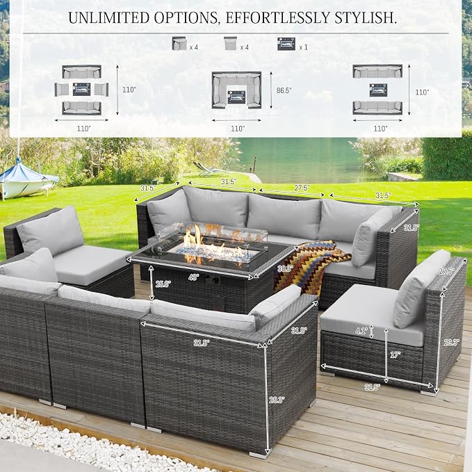 BULEXYARD 9 Piece High Back Outdoor Sectional Seating with Fire Pit Table, Heavy Duty Sturdy Wicker Patio Set Conversation Couch Sofa, Extra Wide Deep Large 8-Person Deck Furniture Set, Light Grey