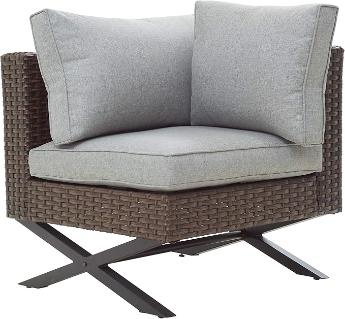 LOKATSE HOME 3 Piece Conversation Set Sectional Rattan Patio Furniture Include 2 Armless Chairs and 1 Corner Sofa with X-Shaped Legs, Brown