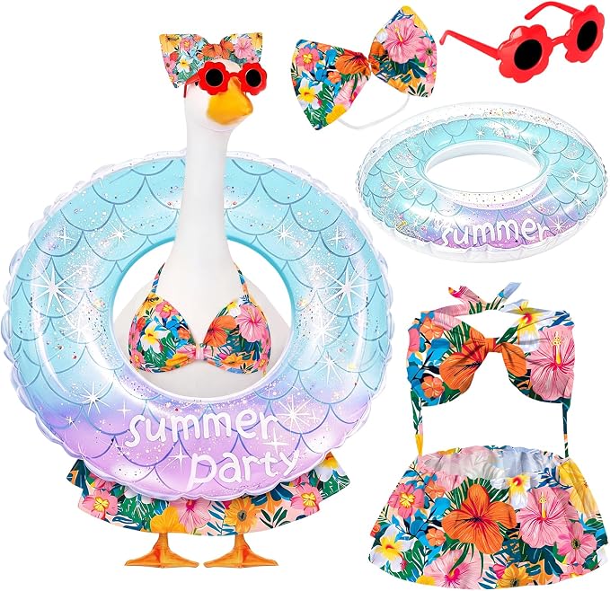 Porch Goose Summer Outfit, 23 Inch Hawaiian Bikini Costume, Accessories Include Bow, Sunglasses & Swim Ring, Fits Cement Goose Statue for Garden Patio Yard Outdoor Decor (Tropical Floral)