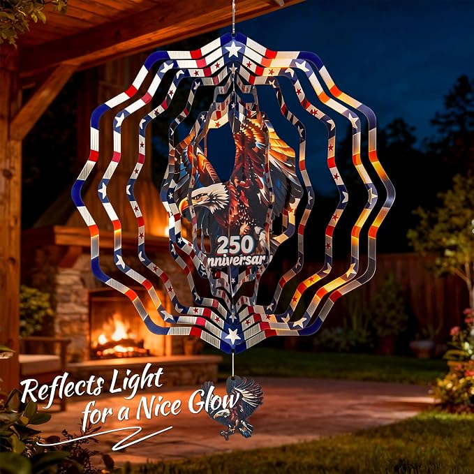 250th Anniversary American Eagle Flag 12 Inch Wind Spinner | Stainless Steel Outdoor Garden Decor with 3D American Flag Design, Hanging Yard Art for Patio & Indoor, Gifts for Men & Dad