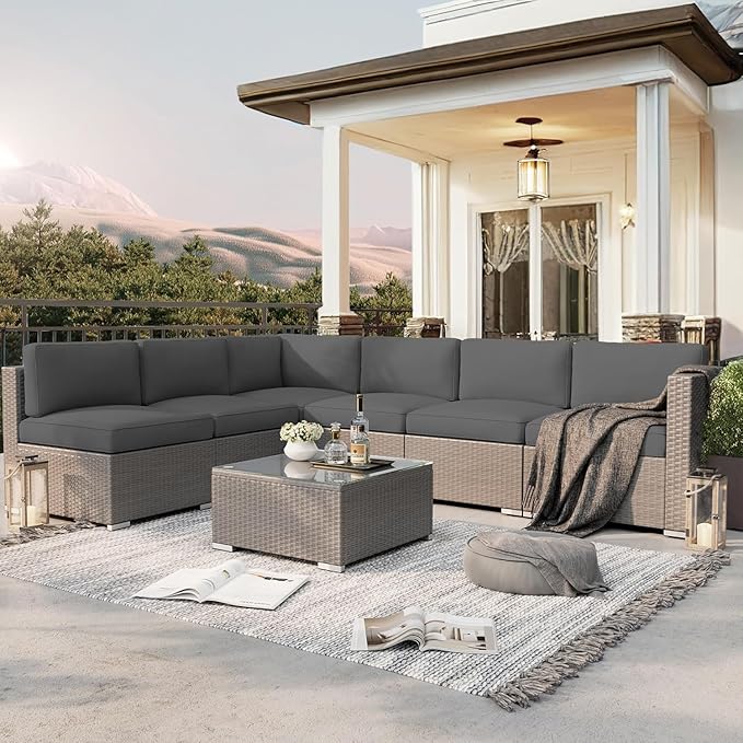 SUNCROWN 7-Piece Outdoor Patio Furniture Set All-Weather Outdoor Sectional Sofa Grey Wicker Conversation Sofa Set with Coffee Table and Cushions,Dark Grey