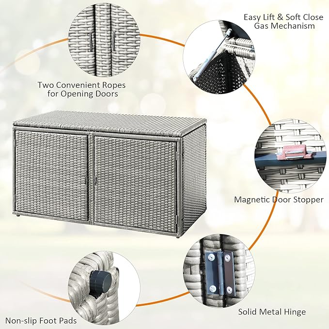 DORTALA 88 Gallon Deck Box Organizer, Wicker Large Indoor Outdoor Storage Container Cabinet for Patio Furniture Cushions Garden Tools, Gray