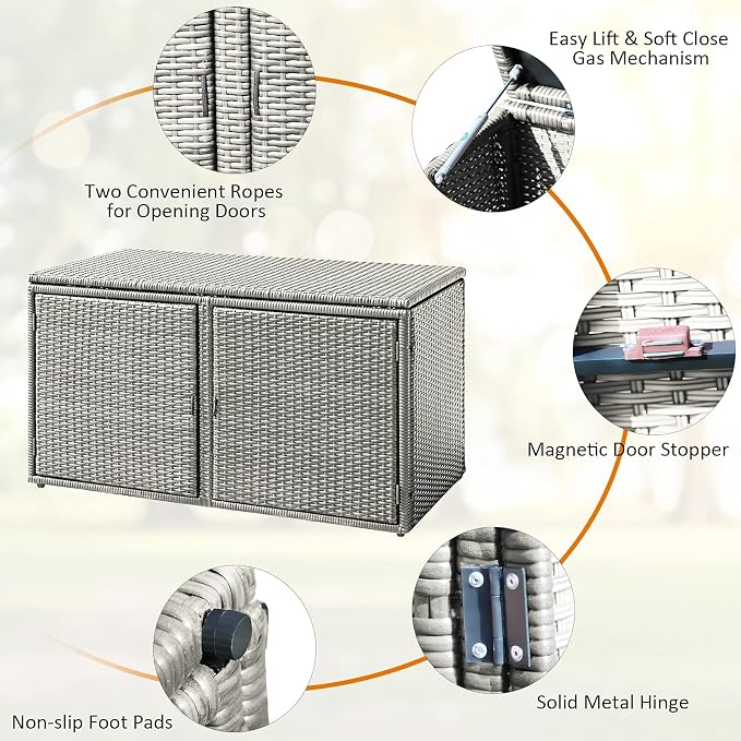 HAPPYGRILL Deck Box Outdoor Patio Pool Storage Box Outside Rattan Wicker Storage Bin Cabinet with Steel Frame Shelf for Garden Balcony Porch Yard Furniture Tools