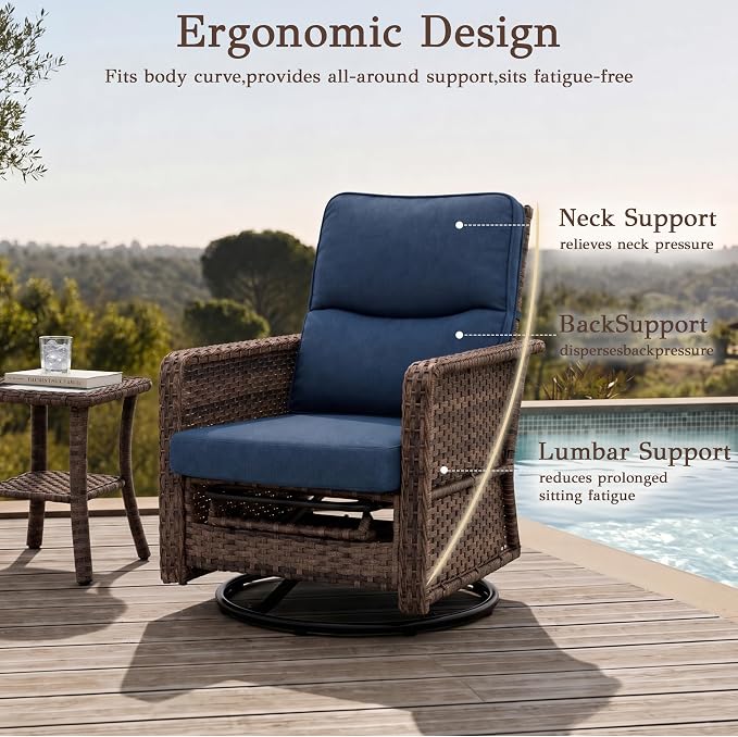 Outdoor Swivel Recliner Chair Set of 3 - Ergonomic Reclining Patio Chair with Adjustable Backrest and Footrest, All-Weather Wicker Chaise Lounge Outdoor with Side Table