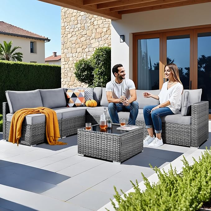 11 Piece Outdoor Patio Furniture Set with 46" Fire Pit Table, Wicker Sectional Conversation Set Whit Swivel Chairs,Modern Outside Sofa for Balcony Backyard(Gray)