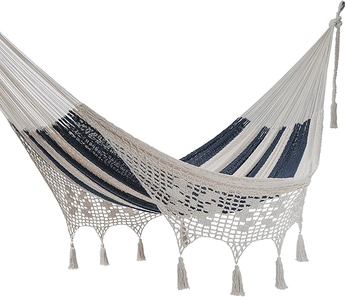 NOVICA Blue and White Striped Hand Woven Cotton Mayan 2 Person XL Rope Hammock with White Crochet Fringe with Hanging Accessories, 'Riviera Romance' (Double)