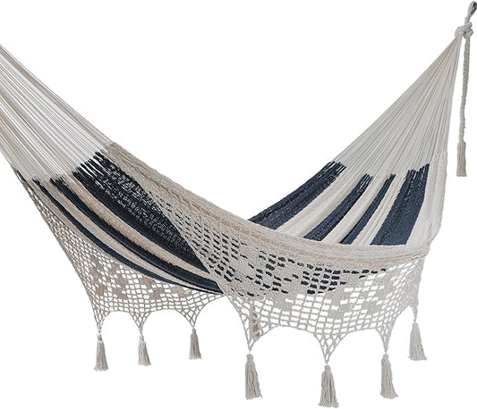 NOVICA Blue and White Striped Hand Woven Cotton Mayan 2 Person XL Rope Hammock with White Crochet Fringe with Hanging Accessories, 'Riviera Romance' (Double)